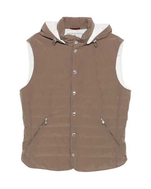 Brunello Cucinelli Brown Bonded Nylon Down Vest With Detachable Hood for men