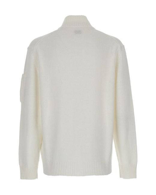 C P Company White High Neck Cardigan With Sleeve Lens for men