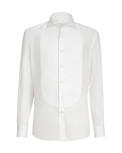 Brunello Cucinelli White Sea Island Cotton Twill Basic Fit Shirt With Point Collar And Pleated Bib And Cuffs for men