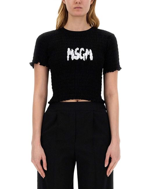 MSGM Black Logo-Printed Smocked Cropped Top