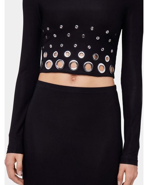 Rabanne Black Eyelet Crop Logo Plaque Top