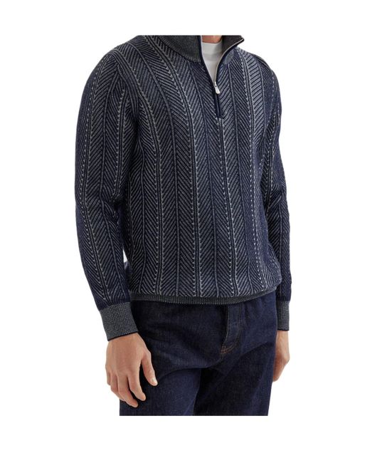 Brunello Cucinelli Blue Half-Zip Chevron Jumper for men