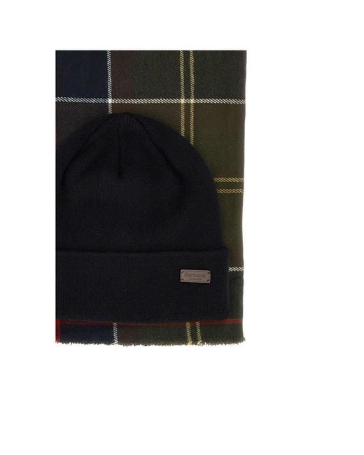 Barbour Black Plaid Scarf Knitted Hat Two-Piece Package for men