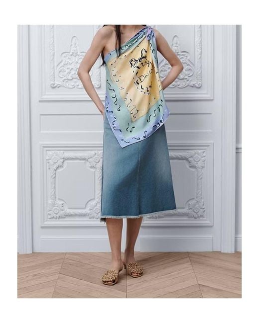 Dior Blue Iviera Asymmetrical Silk Top