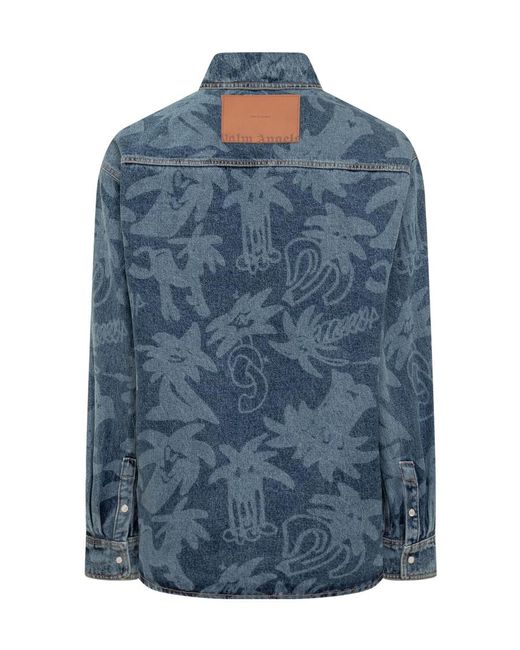 Palm Angels Blue Palmity Overshirt In Denim With Laser Print All-over for men