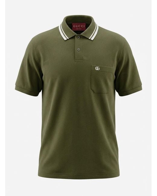 Gucci Green Cotton Piquet Polo Shirt With Embroidery for men