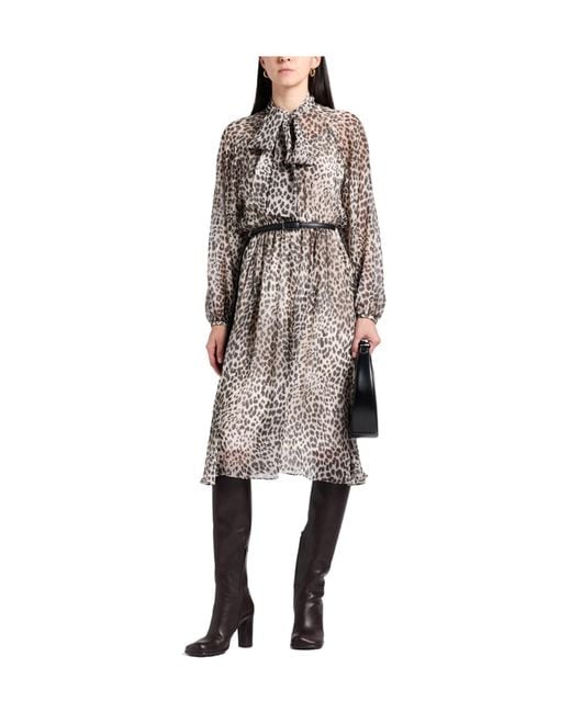Max Mara Gray Long Sleeve Leopard Print Dress