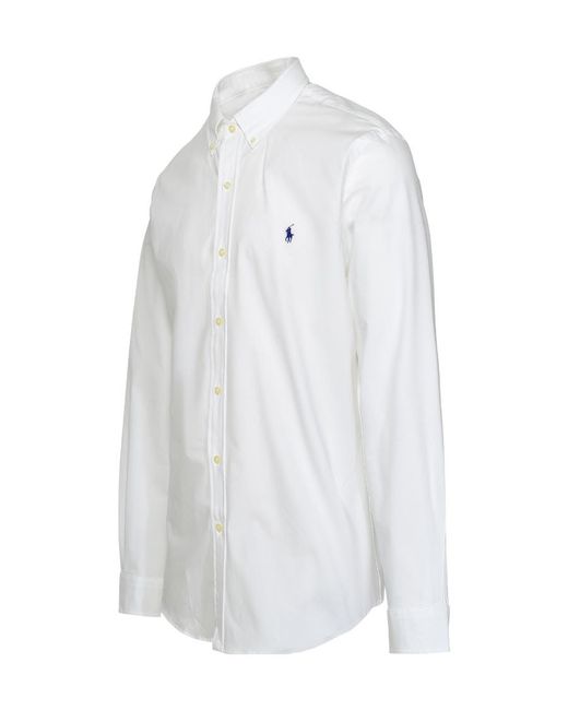 Polo Ralph Lauren White Logo Embroidered Long-Sleeved Shirt for men