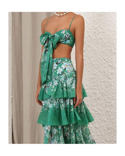 Zimmermann Green Everley Bow Floral-Pattern Linen Bralette