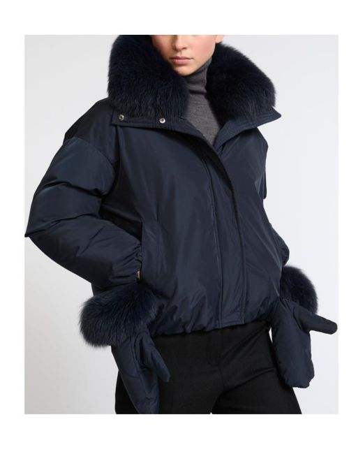 Yves Salomon Blue Short Technical Fabric Down Jacket With Detachable Fox Fur Collar