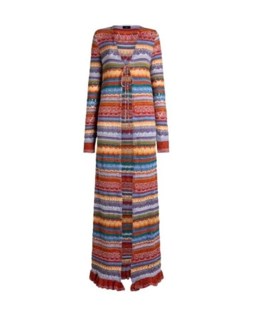 Etro Red Long Knit Cotton Cardigan With Stripes And Openwork