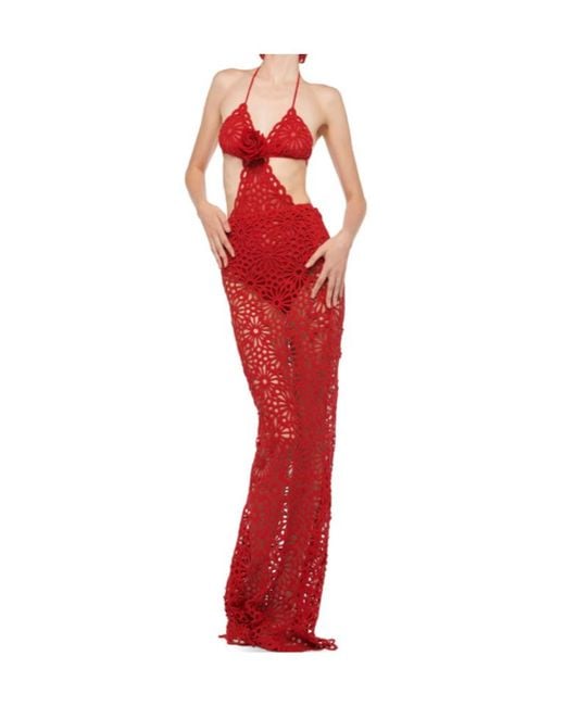 Norma Kamali Red Floral-Lace Skirt