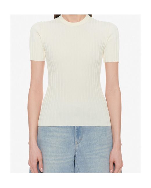 AMI White Ami Ribbed Short-Sleeve Knitted Top