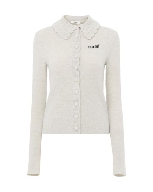 Chloé White Chloé Guipure-Collar Logo Knitted Sweater