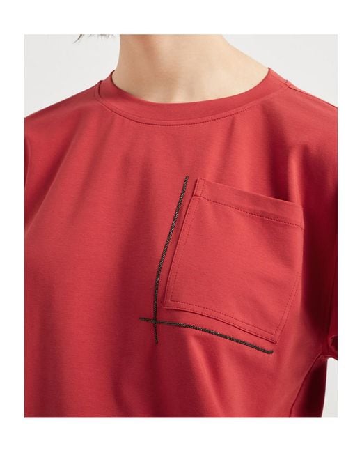 Brunello Cucinelli Red Embellished Crewneck T-Shirt