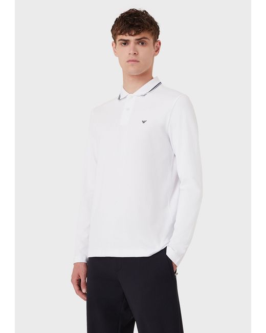 Emporio Armani White Eagle Embroidered Long-Sleeved Polo Shirt for men