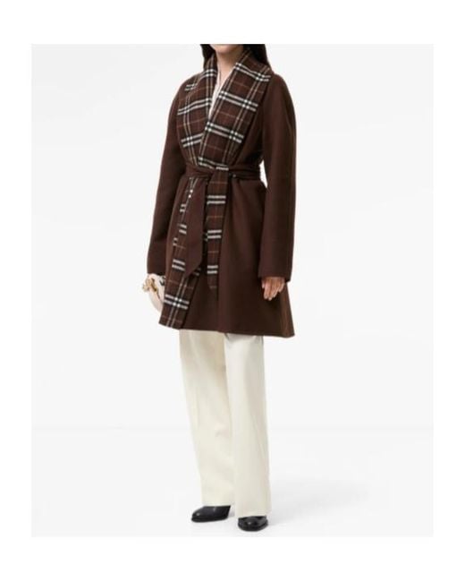 Burberry Brown Check Trim Wool Wrap Coat