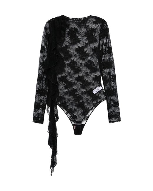Oseree Black Oséree Attached Scarf Floral Lace Volant Bodysuit