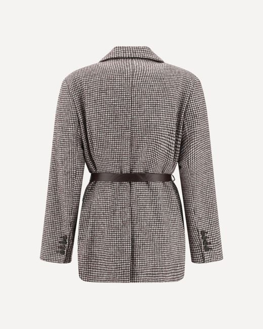 Brunello Cucinelli Brown Houndstooth Detailed Belted Blazer