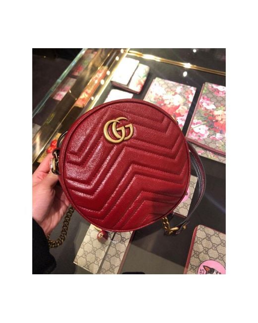 Gucci Red Gg Marmont Mini Leather Round Shoulder Bag