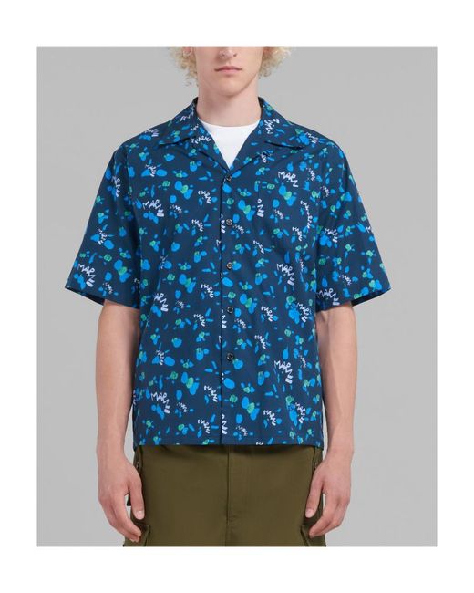 Marni Blue Allover Ink Print Cotton Sport Shirt for men
