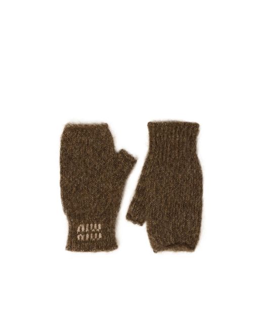 Miu Miu Brown Logo Knit Gloves