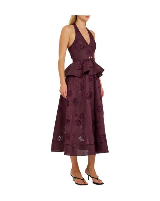 Self-Portrait Purple Floral-Embroidered Belted Linen And Cotton-Blend Midi Dress