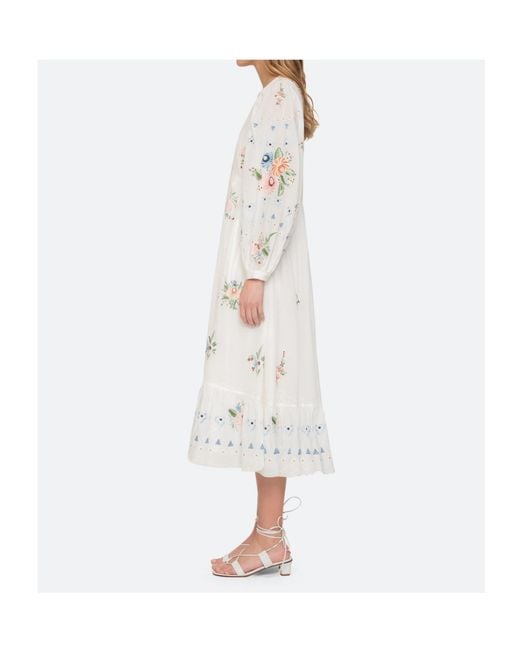 Sea White Serafina Floral-Embroidered Ruffled Midi Dress