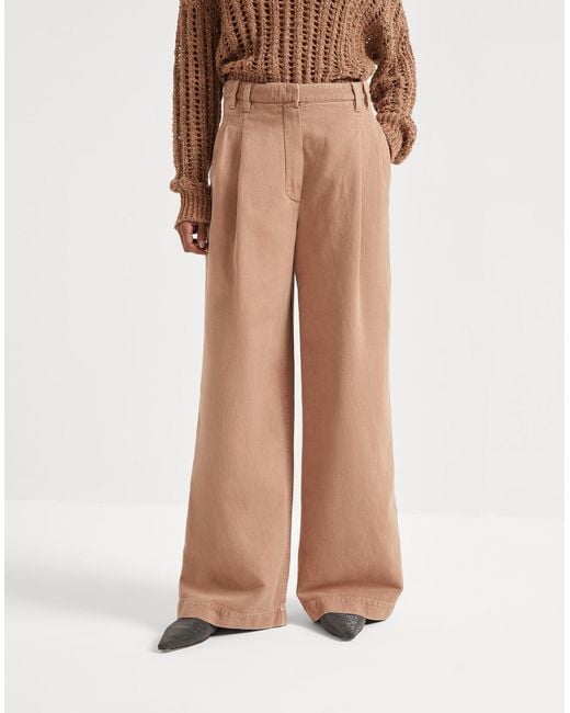 Brunello Cucinelli Natural Pleated Wide-Leg Trousers