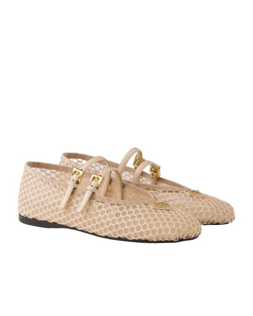 Prada Natural Triangle-Logo Mesh Ballet Flats
