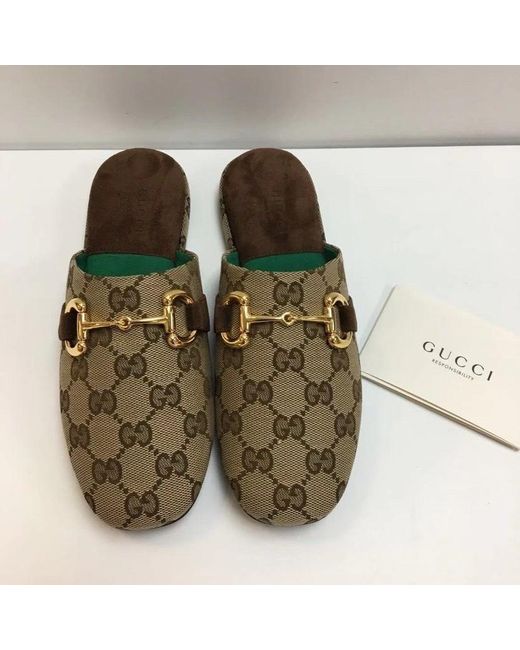 Gucci Brown Monogram Pattern Horsebit Mules