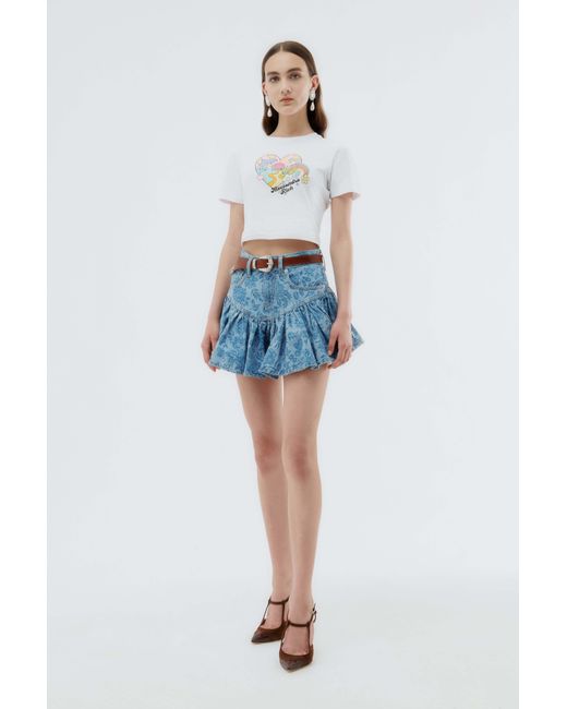 Alessandra Rich Blue Floral-Print Denim Mini Skirt
