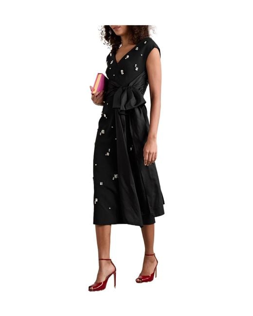 Huishan Zhang Black Silk-Taffeta Trimmed Crystal-Embellished Crepe Midi Dress
