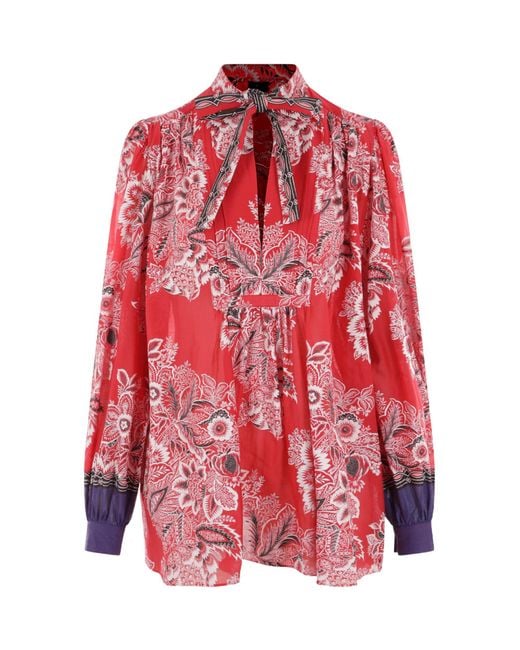 Etro Red Floral-Printed Long-Sleeved Blouse