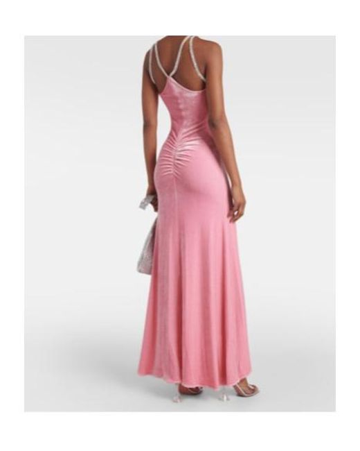 Rabanne Pink Embellished Ruched Velvet Gown