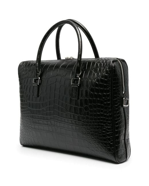Saint Laurent Black Crocodile-Effect Leather Briefcase for men