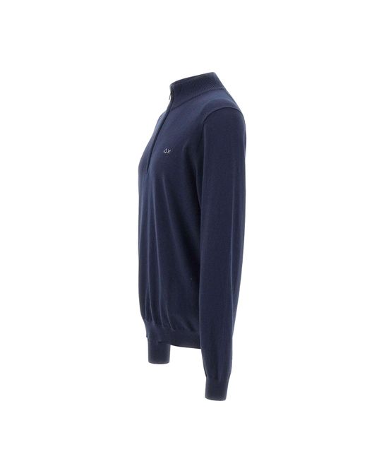 Sun 68 Blue Half Zip High Collar Sweater for men