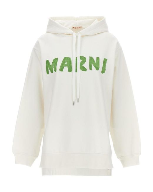 Marni White Logo Printed Drawstring Hoodie
