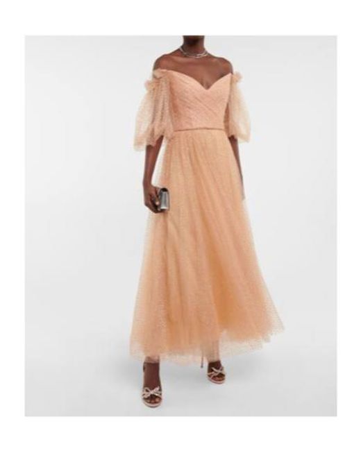 Monique Lhuillier Natural Embellished Tulle Off-Shoulder Gown