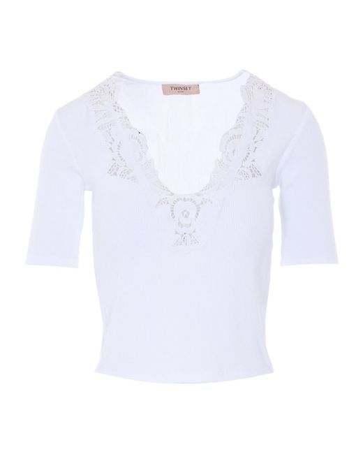 Twinset White Lace Trim Cropped T-Shirt