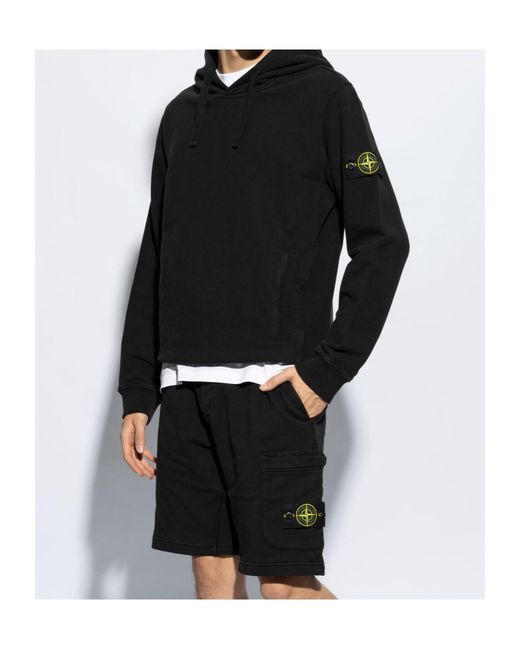 Stone Island Black Compass Patch Drawstring Hoodie for men