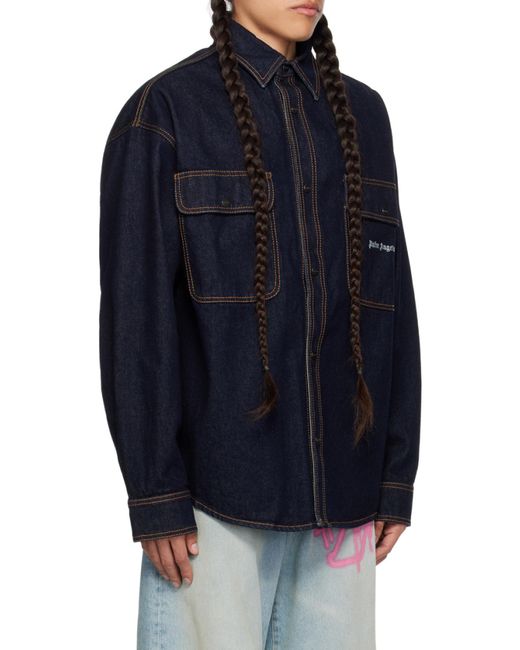 Palm Angels Blue Logo Embroidered Denim Shirt for men