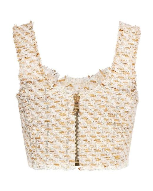 Balmain Natural Button-Embellished Tweed Cropped Top