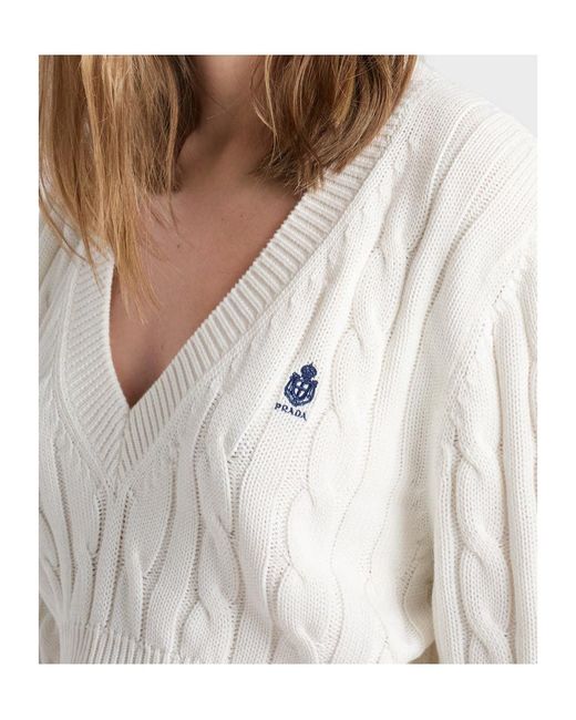 Prada White Scollo V Cropped Cable-Knit Sweater