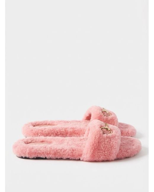Gucci Pink Fluffy Horsebit Slides