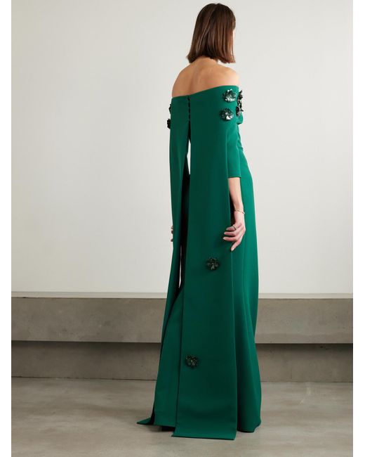 Safiyaa Green Cape Off-The-Shoulder Gown