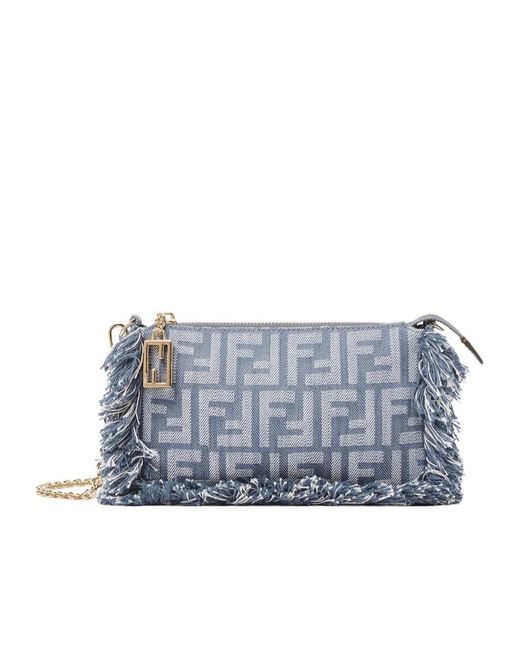 Fendi Gray Denim-Effect Ff Jacquard Charm Pouch With Chain