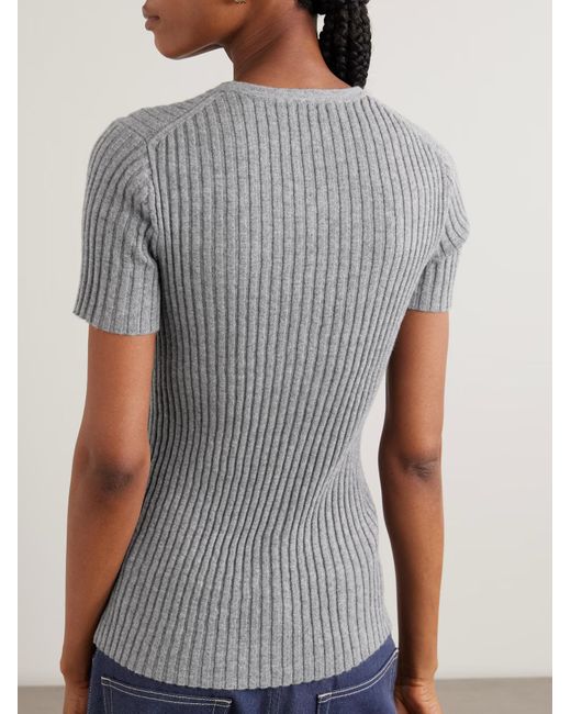 The Elder Statesman Gray Ribbed Cashmere Short-Sleeved Knit Sweater