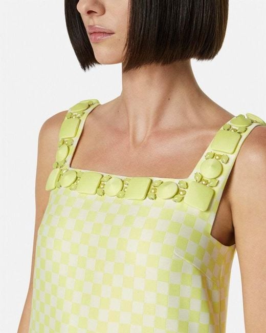 Versace Yellow Embellished Check-Pattern Dress