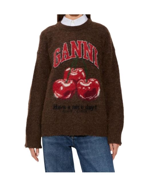 Ganni Red Cherry Patterned Oversized Knit Jumper